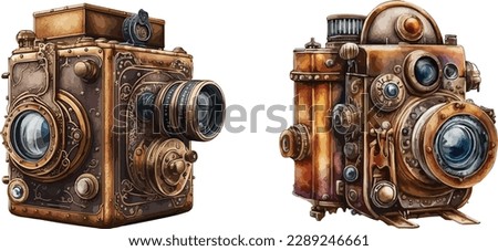 Steampunk camera clipart, isolated vector illustration.