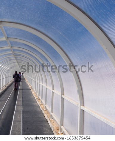People on moving walkway in a glass tube Stok fotoğraf © 