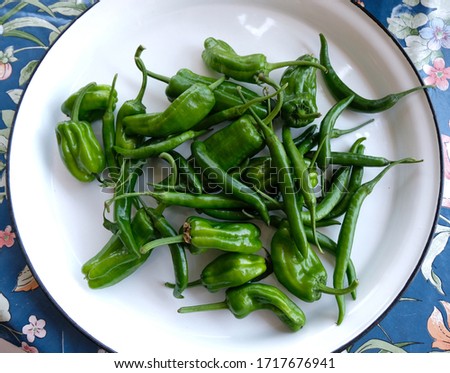 Fresh Green peppers close up on white tray Stok fotoğraf © 