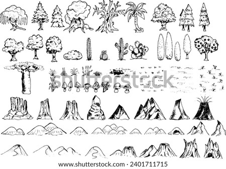 Fantasy map elements hand drawn vector design - of nature cartography symbols - trees, plants, mountains