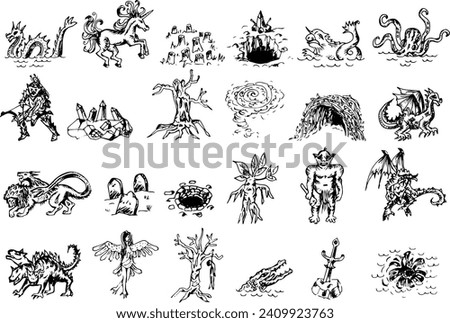 Fantasy mythical monsters cartography map elements, vector, drawing symbols, line art illustration
