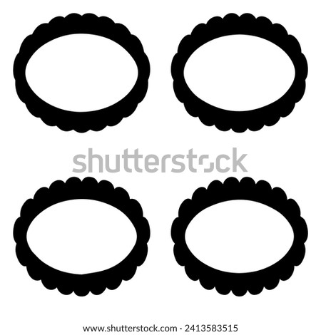 Scallop edge hollow circle stroke shapes. A group of 4 round symbols with scalloped outside edges. Isolated on a white background.