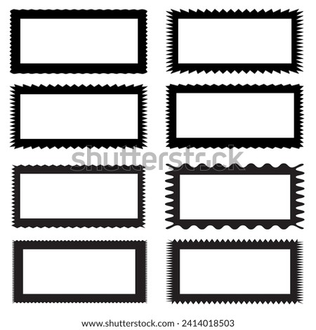 Wavy Edge Hollow Rectangle Stroke Shapes.Zigzag edge square frame icon set. A group of 8 squared shapes with jagged inside and outside edges. Isolated on a white background.