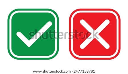 Check mark and wrong mark icon design on square background. Tick and cross checkmark icon. Yes and no buttons. Set of red X and green check mark icons. Vector illustration.