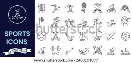 Set of sports sign, icon and symbols. Sports Editable line Icon, vector set. Vector illustration of fitness icon, football, cricket, golf, tennis, swimming, tennis, chess icon.