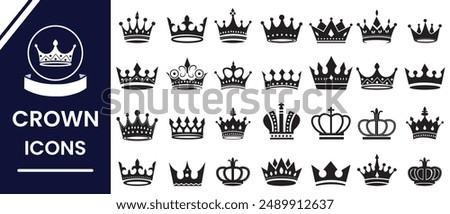 Crown vector, silhouette, icon. Crown icons, vector set. Crown symbol set. King, Princess crowns. Collection of crown silhouette, vector. Vector illustration.
