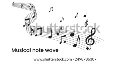  Wave of music melody notes with clef. Musical notes stave line pattern symbols icon, vector. Music notes background, Music notes wave icon.