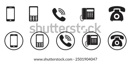 Telephone icon, vector set. Phone icon set, vector, silhouette. Contact us, symbol, sign, logo vector. Cell phone pictogram communication icon. Vector illustration of mobile, smartphone, land phone.