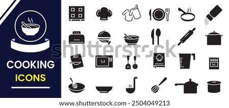 Kitchen, Cooking, restaurant icon, vector, silhouette set. Meal, cooking, menu, restaurant, food delivery, fast food and dinner icons. Vector illustration.