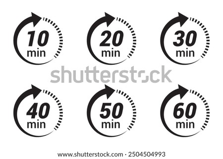 Countdown timer symbol, vector, icon set. 10, 20, 30, 40, 50, 60 Minute timer icons set. Minute timer icons set. Timer, clock, stopwatch set, vector, silhouette icons. Vector illustration.