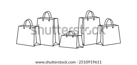 Shopping bags icon set with stroke line, paper bags icon, vector, silhouette. Package design, Grocery bag, Online Shop Symbol, Paper hand bag, gift bag illustration. Vector illustration.