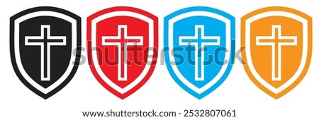 Christian Cross and Shield of Faith. Medical health protection shield cross icons vector set. Health insurance icon, Insurance health, medical health protection shield concept. Shield vector icon. 