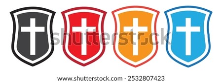 Christian Cross and Shield of Faith. Medical health protection shield cross icons vector set. Health insurance icon, Insurance health, medical health protection shield concept. Shield vector icon. 