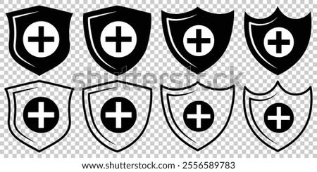 Shield with a plus icon set. Security Shield vector Line icon set. Medical Protection symbol vector illustration. 