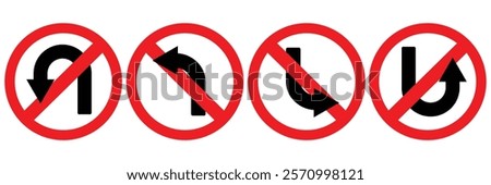 No entry traffic sign. Traffic signs do not go straight, this way. Do not turn this way road symbol. Vector illustrator. 