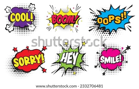 Collection of Cartoon, Comic Speech Bubbles. Colored Dialog Clouds with Halftone Dot Background in Pop Art Style