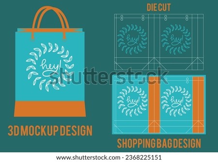 Shopping bag die cut template, paper bag die cut template, 3d bag mockup.  paper bag packaging die-cut.
