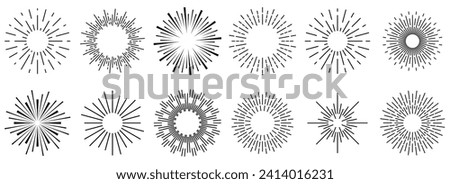 Vintage sunburst collection.Retro Sun burst shapes. Bursting golden sun rays. Vintage light starburst labels, badges,Fireworks,Logotype or lettering design element. Radial sunset beams.