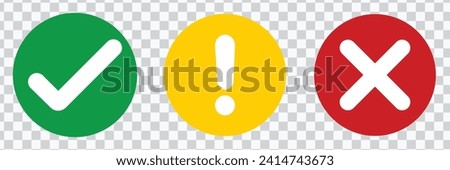 Set of flat round check mark, exclamation point, X mark icons, buttons isolated on a white background. EPS10 vector file