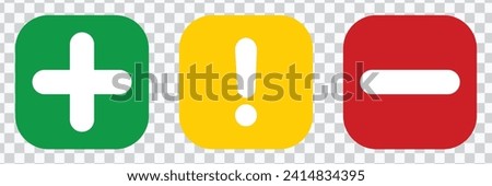 Set of flat square plus sign, exclamation point and minus sign icons, buttons isolated on a white background. EPS10 vector file