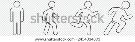 Editable real line icon set of a boy stick figure running fast and jogging to lose weight in a outline black lines on a clean  transparent background vector file keeping in shape and fit healthy lifes