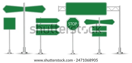 Set of road signs isolated on a white background. Green traffic signs. vector illustration