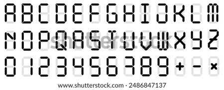 Digital display font. Alarm clock letters and numbers, electronic alphabet and retro calculator screen symbols vector set. Letters set for a digital watch and other electronic devices.