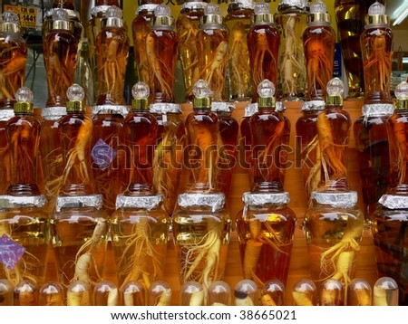 Preserved ginseng in jars for use in traditional Eastern medicine