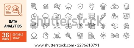 Data analytics icons set. Data, analytics, database, technology, management, statistic, security and many more… Editable stroke icons. Vector Illustration.