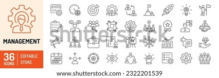 Management editable stroke outline icons set. Management, mission, growth, achievement, teamwork, strategy, creativity, goal and communication. Vector illustration