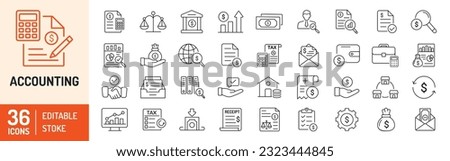 Accounting editable stroke outline icons set. Accountant, financial, business firm tax, statement, calculator, and balance sheet icons. Vector illustration