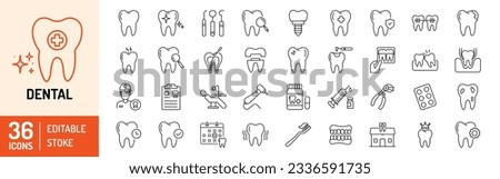 Dental editable stroke outline Icons set. Dentist, care, disease, teeth whitening, removal, broken, root canal, tooth filling and wisdom teeth. Vector illustration