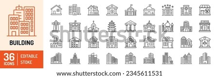 Building editable stroke outline Icons set. House, office, hospital, bank, university, school, hotel, shop, government, shopping mall and buildings. Vector illustration