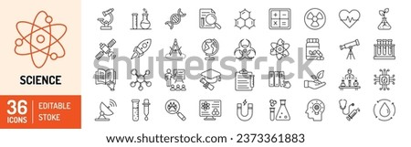 Science editable stroke outline Icons set. Laboratory, research, scientist, physics, chemistry, biology, experiment and telescope. Vector Illustration.