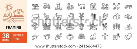 Farming editable stroke outline Icons set. Farming, agriculture, mill, harvesting, vegetables, wheat, milk and egg. Vector illustration