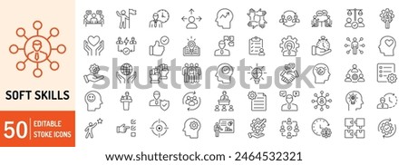 Soft Skills editable stroke outline web icons set. Skills, leadership, communication, creativity, empathy, self-motivation, problem solving, teamwork and responsibility. Vector illustration