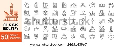 Oil and Gas editable stroke outline web icons set. Oil, gas, refinery, offshore platform, petroleum, lubricant, oil barrel and gas pump. Vector illustration