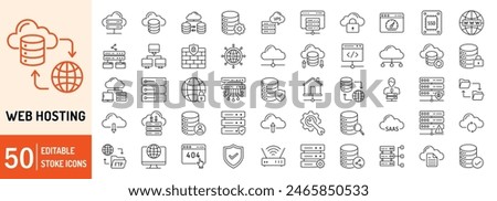 Web Hosting editable stroke outline web icons set. Web hosting, server, data center, cloud hosting, vps, domain, ftp, internet, ssl, database and firewall. Vector illustration