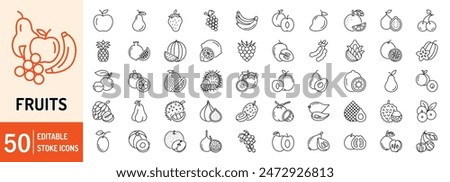 Fruits editable stroke outline web icons set. Apple, mango, banana, orange, watermelon, pineapple, guava, jackfruit and strawberry. Vector illustration