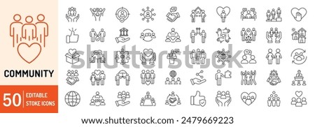 Community editable stroke outline web icons set. Community, social, friendship, people, village, relationships, diversity, support and development. Vector illustration