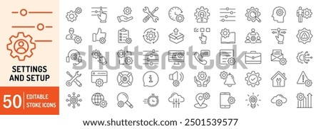 Settings and Setup editable stroke outline web icons set. Settings, adjustments, control, productivity, setup, options, preferences, configuration and customization. Vector illustration