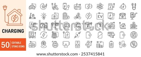 Charging editable stroke outline web icons set. Charger, battery, power, plug, charging station, wireless, cable and socket. Vector illustration