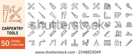 Carpenter Tools collections editable stroke outline web icons set. Carpenter, tools, saw, hammer, screwdriver, driller, wrench, screwdriver, bolt, nut and more... Vector illustration