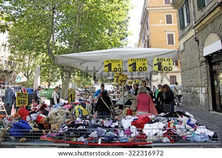 ROME, ITALY - 24 SEPTEMBER 2015: Price signs display the cost in euros of clothes on a stall at an outdoor market in Rome, Italy
