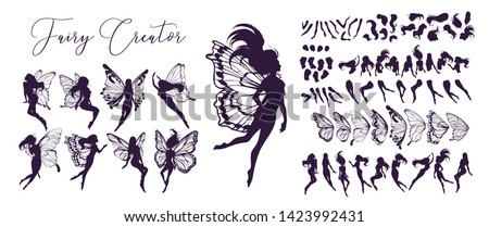 Cute Fairy art. Beautiful Fairies silhouette collection, Little fairies set. Hand drawn vector illustration