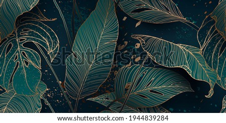 Palm leaves, gold, black, white marble template, artistic covers design, colorful texture, modern backgrounds. Minim pattern, graphic brochure. Luxury illustration