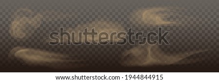 Vector Dust, dusty sand clouds effect collection, set of flying desert dusty particles, isolated on transparent background. Realistic sandstorm, explosion, sand splash.