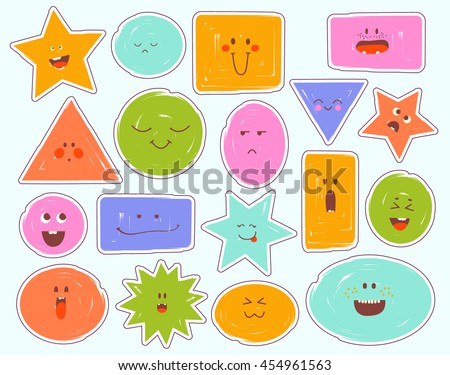 Childrens Cartoon faces with emotions. Comics doodle patches set, different expressions, childish logo, stickers. Funny colorful cloud, square, triangle, star... Hand drawn vector illustration.