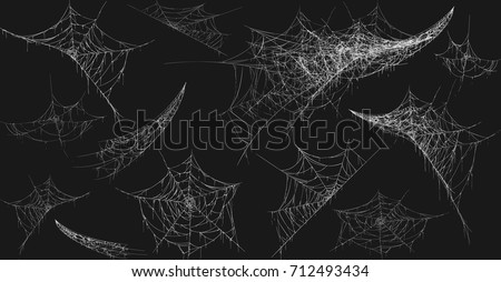 Collection of Cobweb, isolated on black, transparent background. Spiderweb for Halloween design. Spider web elements,spooky, scary, horror halloween decor. Hand drawn silhouette, vector illustration