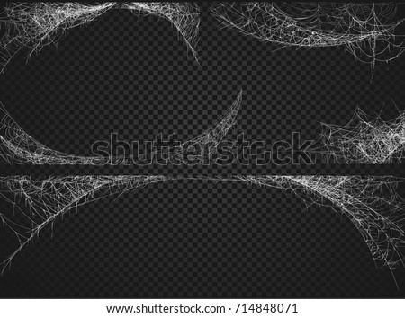 Collection of Cobweb, isolated on black, transparent background. Spiderweb for Halloween design. 